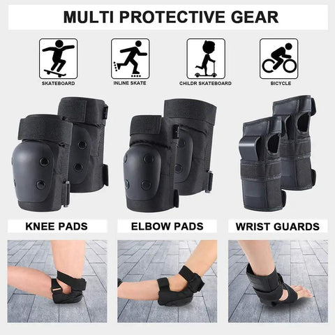6 In 1 Protective Gear Set With Knee Pads Elbow Pads And Wrist Guards For Skateboarding Biking Roller Skating And Cycling Adults And Kids Durable Impact Resistant With Ventilated Foam For Comfort And All Day Safety shown with product descriptions and usage icons.