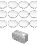 Twelve Pack Half Inch Round Stainless Steel Electrical Box Knockout Plugs For Dead Nuts Secure Panel Sealing And Unused Outlet Closure Trade Grade Heavy Duty Hole Plugs That Lock Tight With No Sweat Setup For Pro Wiring Jobs displayed with a junction box.