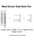Rugged Metal Drawer Slides Twin Pack For Smooth Cabinet And Furniture Glide dimensions and side view illustration