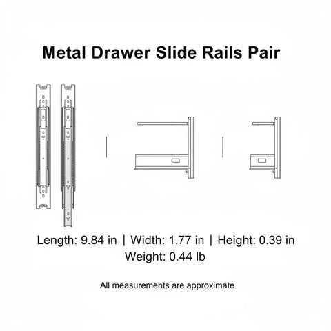 Rugged Metal Drawer Slides Twin Pack For Smooth Cabinet And Furniture Glide dimensions and side view illustration