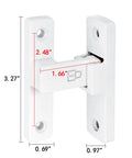 White 90 Degree Barn Door Lock With Right Angle Slide Latch For Sliding Wood Panels. Dimensions: 3.27" x 2.48".