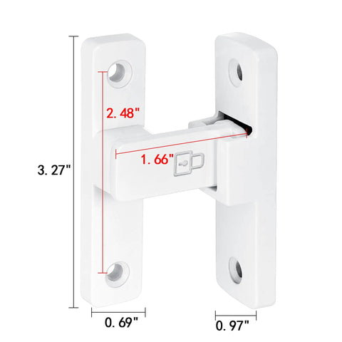 White 90 Degree Barn Door Lock With Right Angle Slide Latch For Sliding Wood Panels. Dimensions: 3.27" x 2.48".
