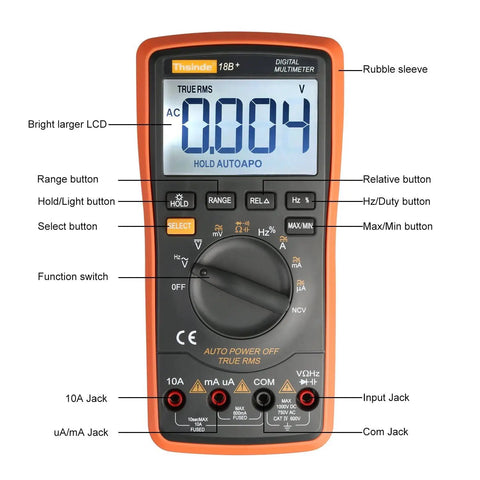 Front view of Ranging Digital Multimeter TRMS 6000 with labeled parts for DIY voltage checks.