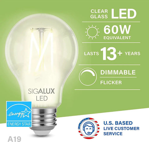Retro Edison Style E26 LED Bulbs 60W Equivalent Dimmable A19 Clear Glass Soft White 2700K 800 Lumens Energy Star bulb