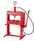 Heavy Duty 10 Ton Hydraulic Press With Clear Pressure Gauge And Dual Plates For Easy Metal Bending Straightening And Garage Wrenching Or Auto Mods With Zero Headaches In Bold Red showing the press structure and gauge details.