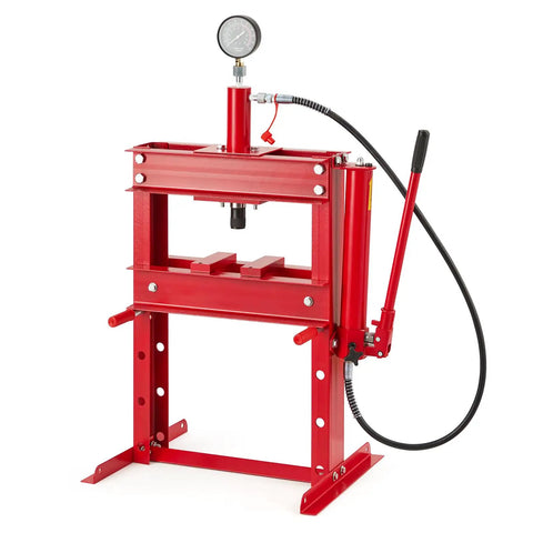 Front view of Heavy Duty Six To Twenty Ton H Frame Hydraulic Shop Press With Adjustable Worktable And Plate Set for metalworking.