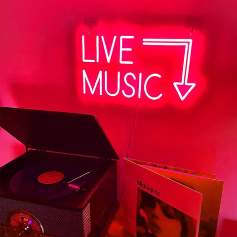 Live Music Neon LED Sign Handcrafted Wall Decor Light 17 By 11 Inches For Nightclubs Bars And Bedrooms Dope Vibe Ambience That Attracts Crowds And Sets The Scene Tonight, glowing red over a record player and album stack.