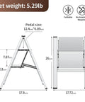 Diagram of Two Step Folding Ladder With Anti Slip Wide Pedals, dimensions and lightweight aluminum build for home kitchen use.