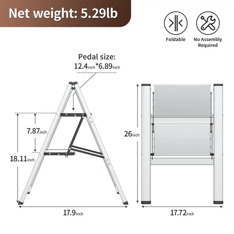 Diagram of Two Step Folding Ladder With Anti Slip Wide Pedals, dimensions and lightweight aluminum build for home kitchen use.