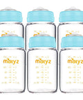 Premium Borosilicate Glass Breastmilk Storage Bottles 6 Oz 6 Pack Wide Mouth BPA Free Blue Lids on a white background