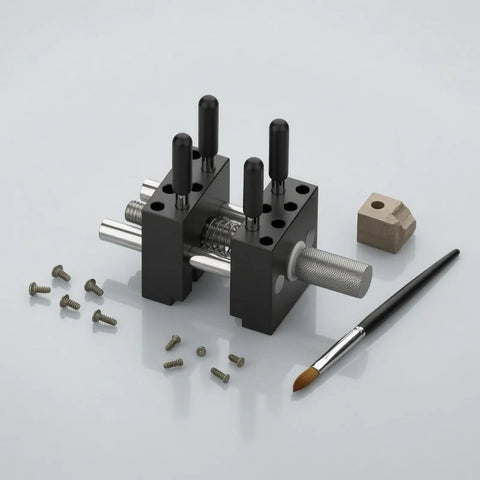 Compact Handheld Metal Vise With Multi Peg Holes For Precision Model Work And Desktop Clamping Projects, Durable Black Mini Bench Tool For Crafters with screws and brush.
