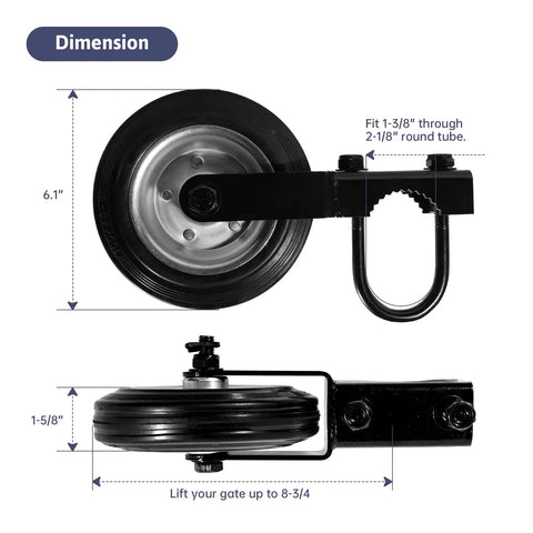 Gate Support Wheel For Metal Swing Gate Adjustable 1-5/8 Inch To 2-1/8 Inch Frames Keeps Gate From Dragging On The Ground Fits Chain Link Fences Black 1 Pack Now, showing wheel dimensions and installation bracket.