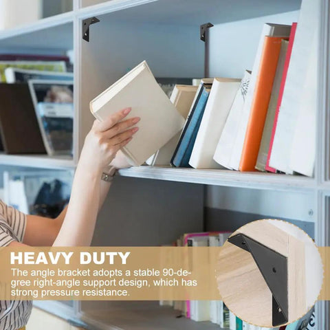 Set Of Four Heavy Duty Corner Brace Brackets With Screws For Reinforcing Furniture Cabinets Bookshelves And Tables Right Angle Shelf Supports, 90-degree support shown in use.