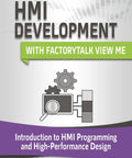 Cover showing HMI Development with FactoryTalk View ME, featuring gear icons and title emphasizing fast HMI programming and interfaces.