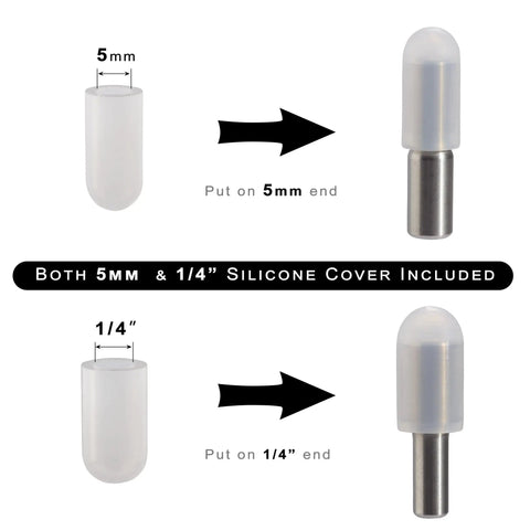 Heavy Duty Stainless Steel Shelf Pegs And Pins 5mm And Quarter Inch Dual Diameter One Inch Long Rust Proof Cabinet Support Clips Pack Of 12 with silicone covers for 5mm and quarter inch ends.