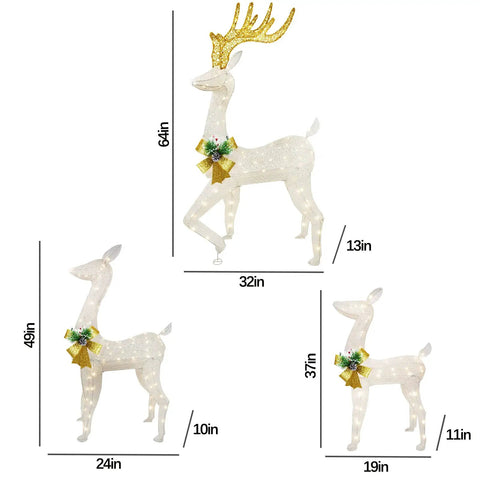 Lighted Outdoor Reindeer Family Set For Christmas 3 Piece Yard Decor With 230 Warm White LEDs Includes 64 Inch Buck 49 Inch Doe And 37 Inch Fawn Easy Setup With Stakes And Zip Ties For Festive Holiday Lawn Display