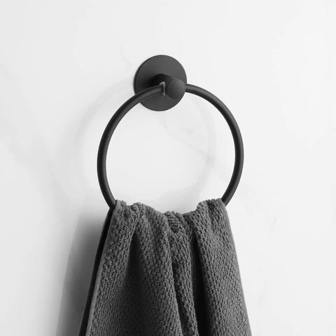 Adhesive Towel Ring Self Adhesive Stainless Steel Matte Black Rustproof Bathroom Towel Holder Wall Mount SUS 304 on white wall