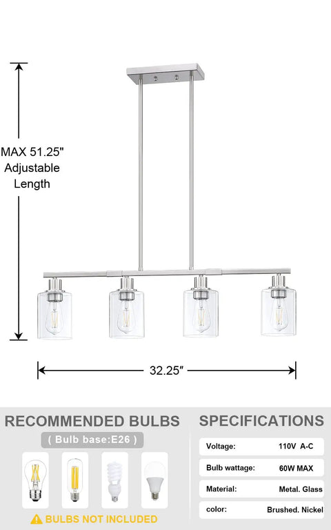 Four Light Modern Kitchen Island Pendant Light With Clear Glass Shades In Brushed Nickel Finish hanging with specs