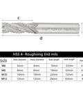 Four-flute HSS roughing end mill set, 4 pieces in M6, M8, M10, M12 sizes