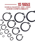 External Circlip Snap Retaining Ring Kit Alloy Steel 150 Piece Assortment For 4mm To 28mm Sizes Corrosion Resistant And High Temperature Includes 15 Most Used Metric Sizes, showing various ring sizes.
