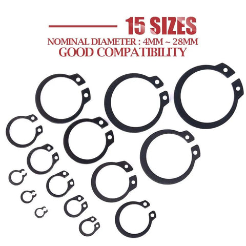 External Circlip Snap Retaining Ring Kit Alloy Steel 150 Piece Assortment For 4mm To 28mm Sizes Corrosion Resistant And High Temperature Includes 15 Most Used Metric Sizes, showing various ring sizes.