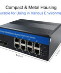 Industrial Switch 8-Port Gigabit Ethernet With PoE 240W Total, compact metal housing, front angle view showing ports and dimensions.