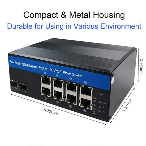 Industrial Switch 8-Port Gigabit Ethernet With PoE 240W Total, compact metal housing, front angle view showing ports and dimensions.