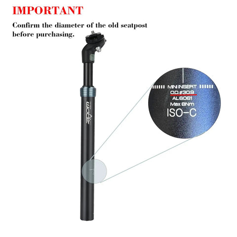 Suspension Seatpost For E Bike 350mm Length 31.6mm Diameter With Internal Coil Spring Absorbs Bumps, close-up of post details.