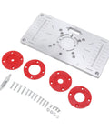 Hefty Aluminum Router Plate With Four Snap On Insert Rings For Sharp Wood Milling Trimming And Butter Smooth Engraving Jobs Shop Pro Gear That Clicks Right Onto Your Bench Setup with red rings and screws.