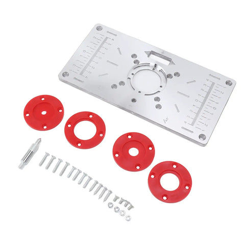 Hefty Aluminum Router Plate With Four Snap On Insert Rings For Sharp Wood Milling Trimming And Butter Smooth Engraving Jobs Shop Pro Gear That Clicks Right Onto Your Bench Setup with red rings and screws.