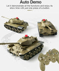Three RC Battle Tank Toys for Kids with 2.4Ghz Radio Control and rotating turret feature, showcasing auto demo capability.