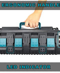 Four Port 18V Battery Charger With Quick Charge and Dual USB Ports featuring ergonomic handle and LED indicator for worksite use.