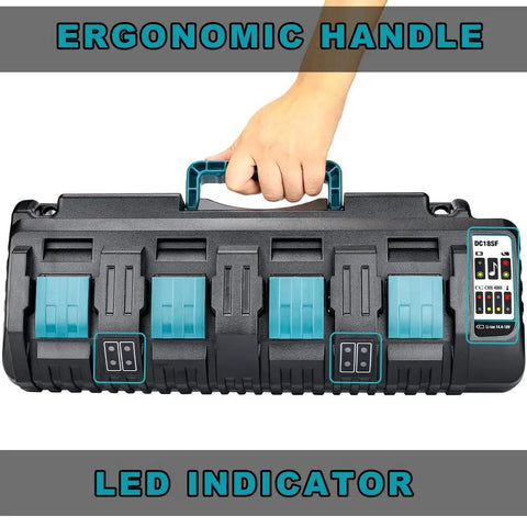 Four Port 18V Battery Charger With Quick Charge and Dual USB Ports featuring ergonomic handle and LED indicator for worksite use.