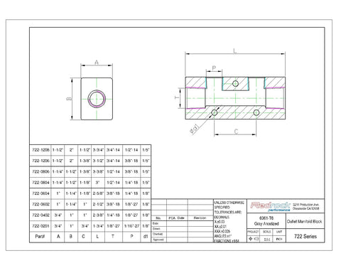 Technical drawing of Two Way Four Port Air Manifold For Compressors Handy Pneumatic Air Distribution Block, dimensions and details shown