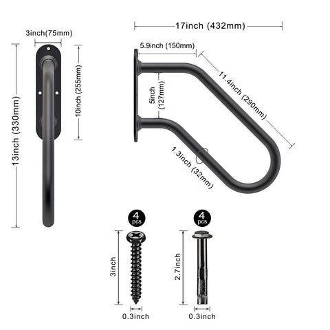 Badass Heavy Duty Wall Mount Handrail For Patio Steps Solid Steel Safety Grab Bar with dimensions and installation hardware shown.