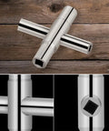 Heavy Duty 4 Way Sillcock Key Socket Wrench Set with 1/4 9/32 5/16 11/32 Inch heads on a wooden background.