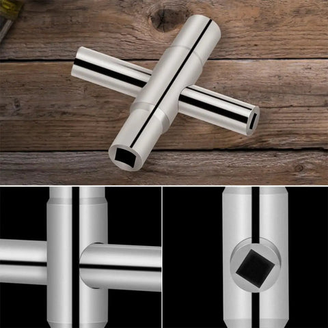 Heavy Duty 4 Way Sillcock Key Socket Wrench Set with 1/4 9/32 5/16 11/32 Inch heads on a wooden background.
