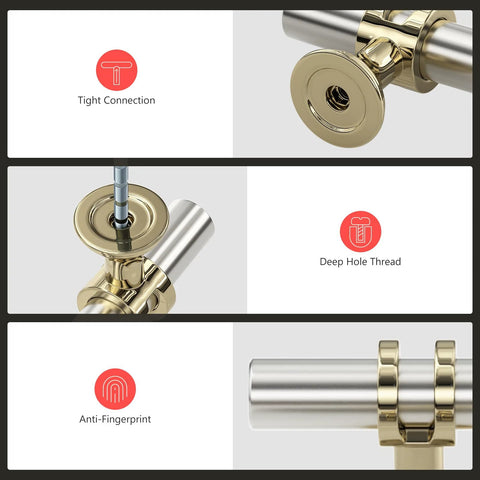 Close-up of silver gold knobs with tight connection, deep hole thread, and anti-fingerprint features for cabinets and drawers.