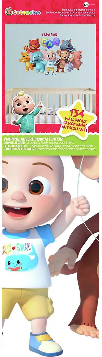 Cocomelon Giant Peel And Stick Wall Decals With Alphabet, 134 Piece Set For Kids Room Decor, featuring figures and letters.