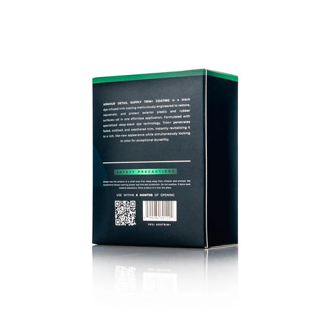 Back view of Armour Detail Supply Trim+ exterior plastics restorer box, dark navy with green top, Amazon brand, 50 ml