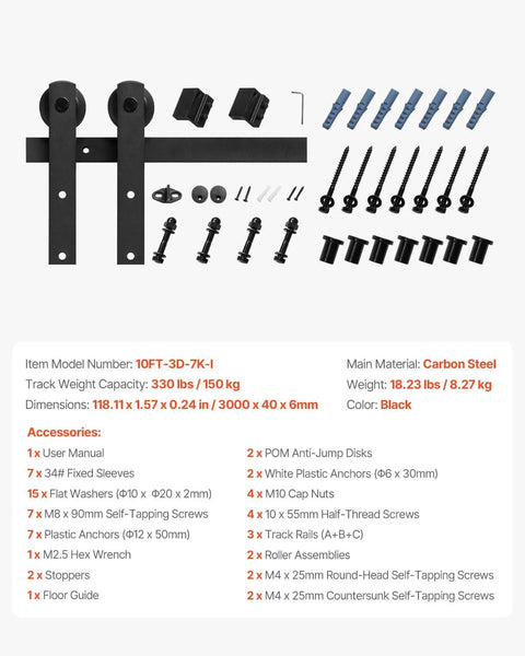 10 Foot Sliding Barn Door Hardware Kit For 60 Inch Wide Doors, 330 Lbs Capacity, carbon steel track with accessories