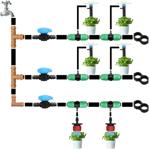 Five Pack Half Inch Drip Irrigation Shut Off Valves Inline Barbed Cut Off Valves For Garden Irrigation System Fits Half Inch Tubing 570 To 620 ID Durable One Piece Construction shown in a garden setup