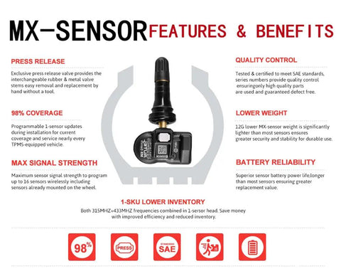 2in1 MX Sensor Dual Frequency Tire Pressure Sensor 315MHz 433MHz For TPMS Replacement With Original ID Cloning Easy Direct Swap No Relearn Snap In Works With MaxiTPMS Tools black TPMS sensor