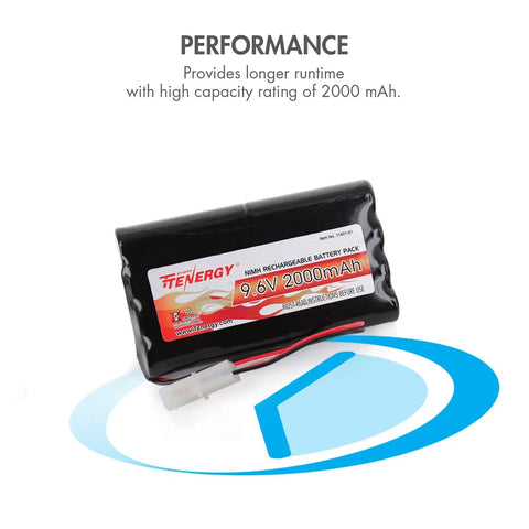Beefed-Up 9.6V NiMH RC Battery Pack, 8-Cell 2000mAh, visible with Tamiya connector, performance feature highlighted.