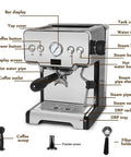 Top Shelf 15 Bar Semi Automatic Espresso Machine Featuring Built In Steam Wand And Quick Heat Option, detailed components view.