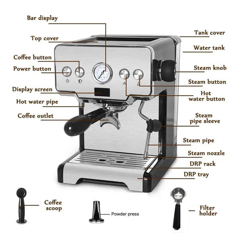 Top Shelf 15 Bar Semi Automatic Espresso Machine Featuring Built In Steam Wand And Quick Heat Option, detailed components view.