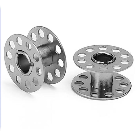 Close-up of two metal bobbins from 22 Piece Pro Grade Stainless Steel Sewing Machine Bobbin Set For Embroidery And Crafting Rust Resistant Durable