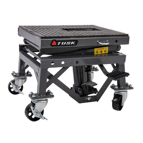 Heavy Duty Scissor Lift Stand For Motorcycles With Adjustable Height From 13.75 To 34 Inches Casters Rubber Top Pad Supports Up To 300 Lb