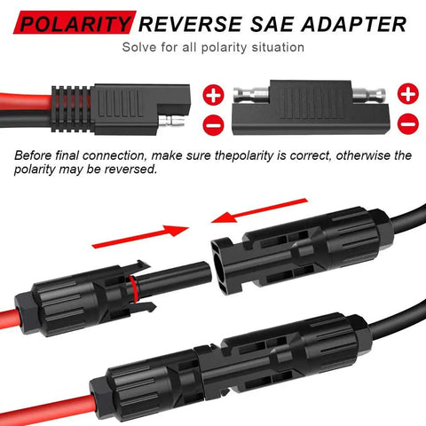 Beefy 10AWG SAE Solar Connector Cable Set with male and female PV wires, showing polarity reverse adapter for RV solar panels.