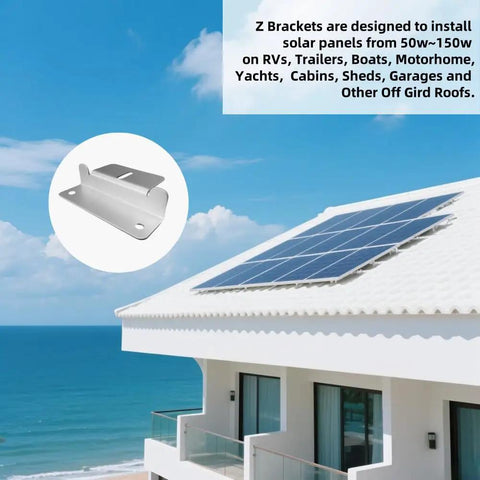 Rig Ready Solar Panel Mounting Z Brackets Pack Of 16 Lightweight Anodized Aluminum Clamps With Stainless Steel Bolts For Rv Trailer Boat Camper Off Grid Roof Or Wall Setup mounted on a rooftop with solar panels.